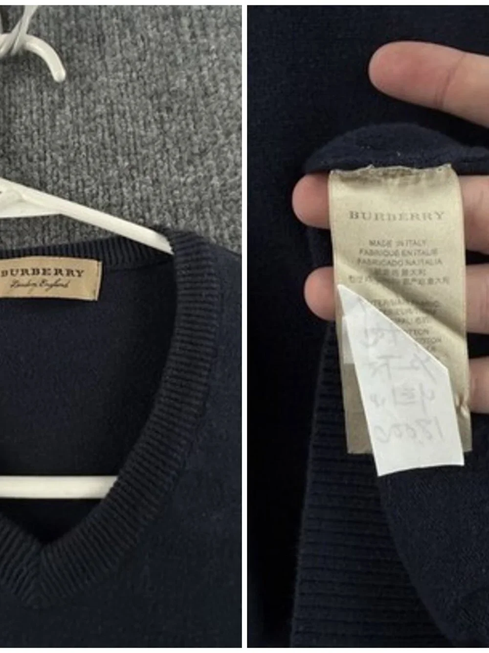Burberry Italy Cotton Pullover Logo V-Neck Mens Blue Medium Elbow Patches Knit